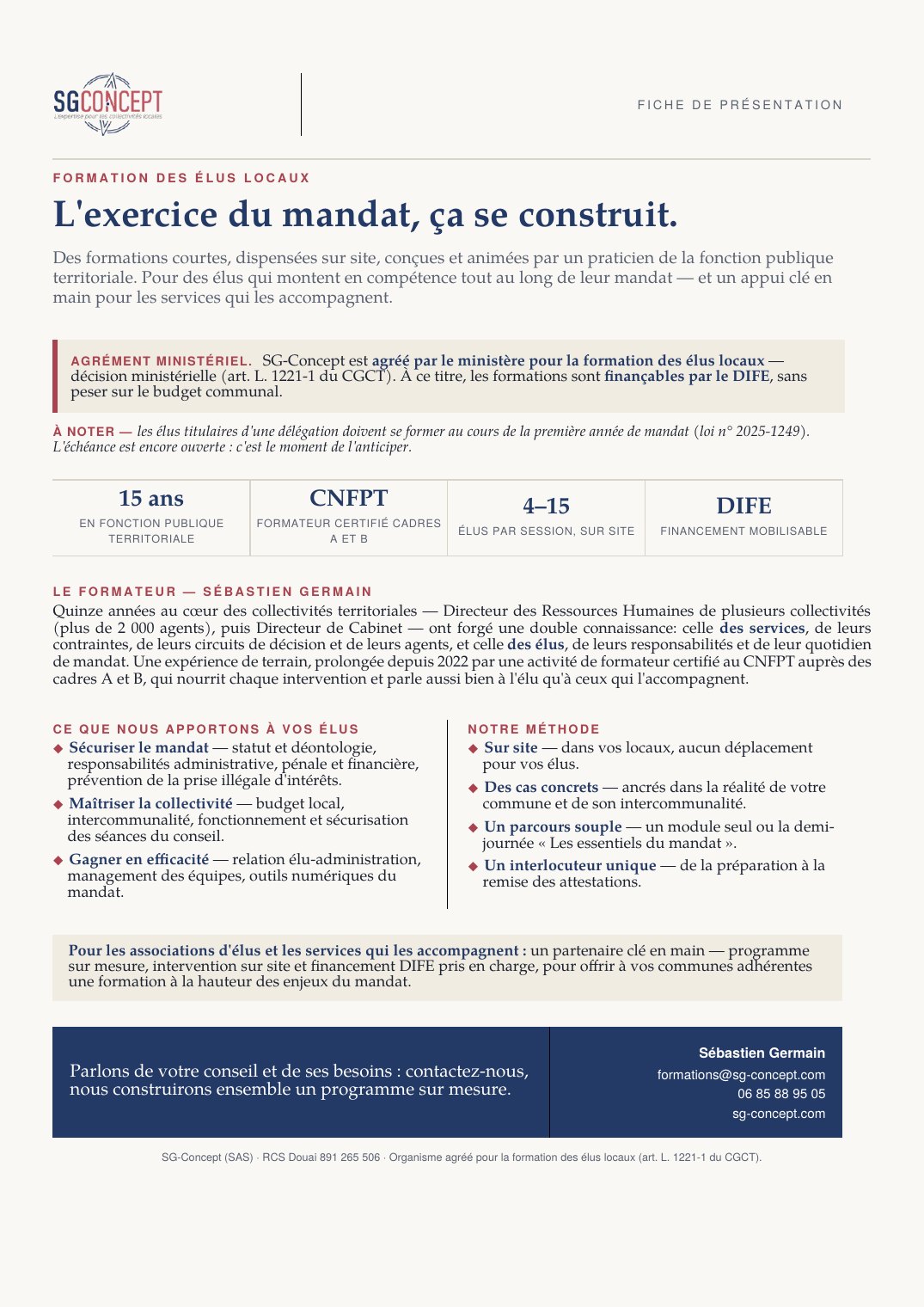 Aperçu de la fiche de présentation de la formation des élus locaux